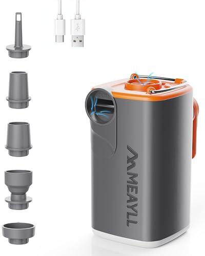 Pompa ad aria elettrica ricaricabile 3000 mAh, mini gonfiatore 4,5 kPa 280 L/min USB-C con funzione gonfiaggio e sgonfiaggio, luce LED, 5 ugelli per materasso gonfiabile, sacche sottovuoto, campeggio