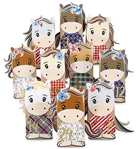 Papierdrachen Adventskalender 2025 zum Befüllen - Pferde - Kraftpapier Set mit 24 braunen Papiertüten & Stanzteilen - inkl. goldenen Zahlenaufklebern