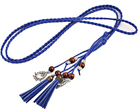 WSLCN Damen Gürtel Dekorative Schmal Boho Flechtgürtel Waist Belt mit Troddel Blau 170 * 0.6cm (L*B)