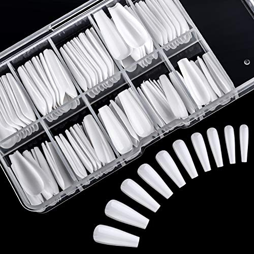 Ballerina 100 Pcs White Press on Nails Long french Coffin Fake Nail Tips Full Cover for Girl Lady Woman Home DIY and Salon,10 Sizes