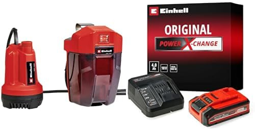 Einhell Pompe d’évacuation d’eau claire sans fil GE-SP 18 Li-Solo Power X-Change (li-ion, 18V, débit 5000 L/h, immersion max. 4 m, boîtier de batterie flexible) avec Chargeur et Batterie 4,0Ah