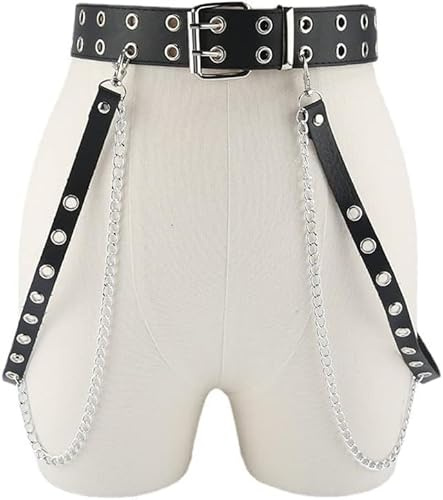 FDEETY Punk Stil Nietengürtel Damen Taillengürtel mit Ketten Deko Kunstleder Hüftgürtel Accessoire Metall Schnalle Gürtel