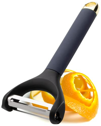 Twin Edge Precision Peeler Tool - Plain Blade & Serrated Blade Kitchen Tool. Easily Peels Carrots, Potatoes, Apples. Glides Smoothly, Makes Simple Ribbons of Ingredients. 5yr Guarantee, Blue and Gold