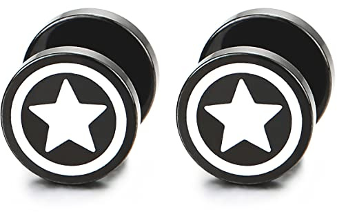 10MM Nero Cerchio Stella Orecchini con Bianco Smalto, Uomo Donna, Finto Dilatatore Fake Cheater Plug Gauges, Acciaio