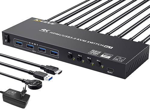 Switch KVM USB 3.0 HDMI 4 PC 1 Monitor, 4K@60Hz EDID Simulato 4 Porte Commutatore KVM, KVM Switch Condividi 4 Sispositivi USB 3.0 Tastiera Mouse Senza Fili Stampante, con 5 Cavi e Telecomando Cablato