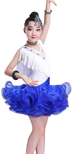 OTMYIGO Vestito da Ballo Latino per Ragazze, Nappe, Ballo da Sala, Rumba, Samba, Costume da Ballo per Bambini Latino, Ragazze, Abiti da Competizione, Abiti da Festa,Blu,110