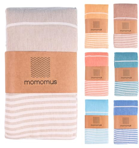 MOMOMUS Stor strandhandduk i bomull 210 x 240 cm, Fouta XXL, Beige | Fouta XXL för att förlänga och dela: 5,04 m², 100 % bomull och kompakt vikning; stor strandfilt och picknickfilt.
