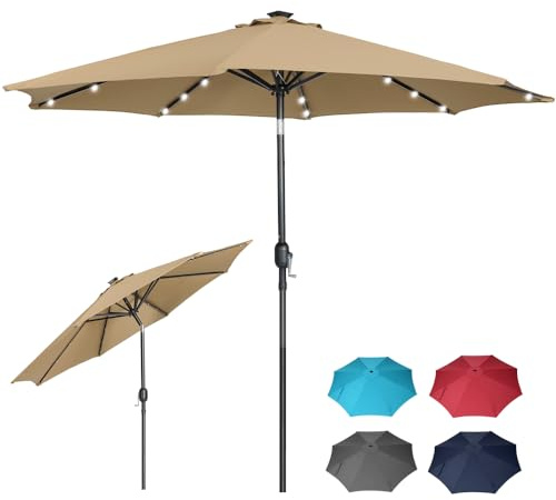Panana 2.7m Garden Parasol with 24 Solar LED Lights, Tilting Patio Umbrella with Crank Handle, UV Protection Sun Shade Market Parasol for Garden, Deck, Pool & Terrace (Khaki)