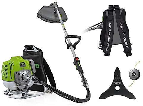 VITO Rückentragbare Benzin Motorsense VIRM52E - 2-Takt-Motor mit 2,15 PS - 8500 U/Min - rückentragbar und vibrationsarm - ergonomische Griffe - Easy-Start-Griff - Rasentrimmer, Freischneider