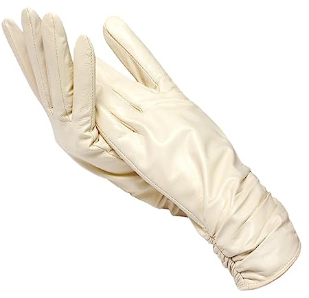 Damen-Handschuhe Aus Klassischem, Plissiertem Leder, Farbe: Schaffell-Leder, Winter-Fäustlinge Beige 7.5