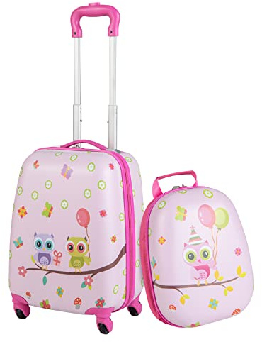 COSTWAY Valise Enfants à roulettes 16’’ & Sac à Dos 12’’ avec Poignée Télescopique, Bagage Enfants avec 4 Roues Rotatives Motif Hibou, Lot de 2 Valise pour Fille Garçon