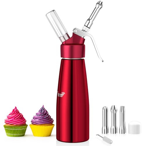 Newaner 500ml Siphon Chantilly, Syphon à crème en Aluminium avec 3 Douilles en Acier Inoxydable et 1 Brosse de Nettoyage, pour décoration gâteaux d'anniversaire pâtisserie crème glacée et Desserts