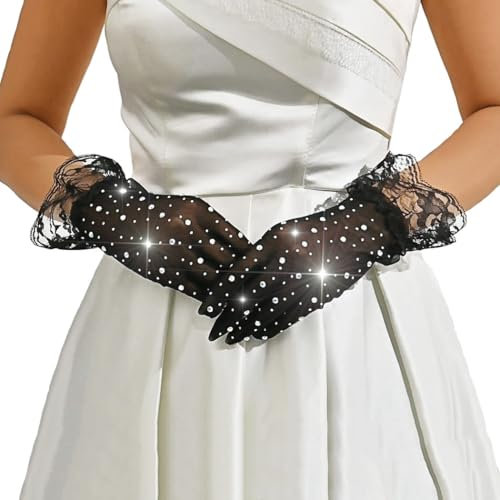 Eyret Kurze Netzhandschuhe aus Spitze, schwarz, fingerlos, Strass, Brauthandschuhe für Hochzeit, Party, Oper, Abschlussball, Halloween, Schwarz (Black-b), Einheitsgröße