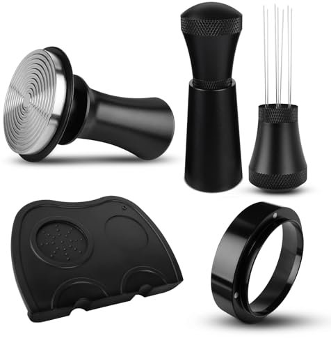 Juego de prensador de café de 58 mm, incluye herramienta WDT, anillo dosificador de 58 mm, alfombrilla reguladora de presión de 58 mm, de acero inoxidable con base ondulada, aguja de expreso mejorada