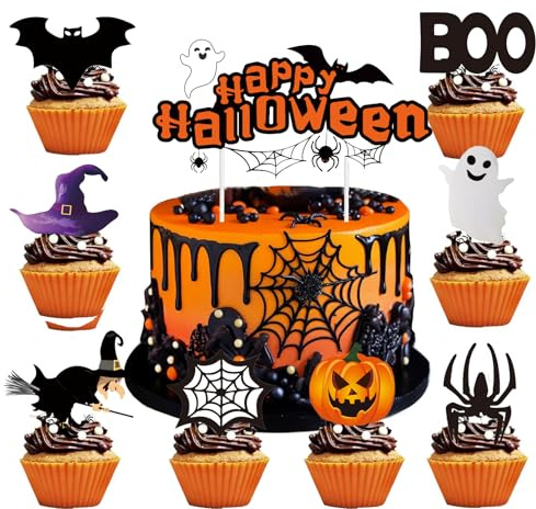 Halloween Tortendeko, 25 Stück Cupcake Toppers Kürbisse, Spinnen, Fledermäuse Tortendekorationen, Kuchen Deko für Kinder Halloween Party Deko