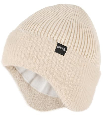 Wmcaps Wintermütze, Mütze mit Warmem Fleecefutter und Ohrklappen für Herren Damen, Warme Thermische Strickmütze für Den Außenbereich Komfortabel Weich Stretchy Geschenk für Männer Frauen, Weiß