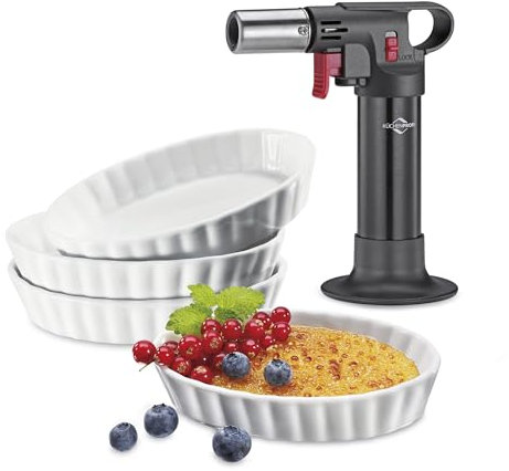 Küchenprofi Juego de 5 piezas para crema Brûlée ECO, 1 soplete de flambeo, 4 cuencos de porcelana dura (85 ml), apto para horno y microondas, set de crema brulee con quemador y cuencos, incluye
