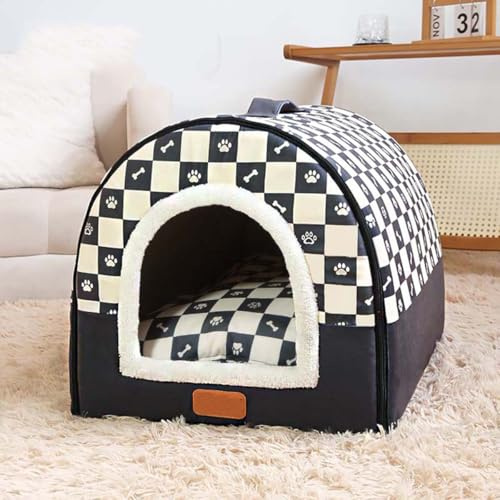 Pet House 2-in-1-Hundehütte, Katzenhöhle, warmes Schlafnest mit abnehmbarem Anti-Angstkissen, gemütliches Iglu-Haus, rutschfestes Haustierbett (XL, Schwarz)