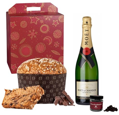 ENOVINOS Cesta Gourmet Regalo Navidad Empresas, Familia y Amigos - Caja con Champagne Moet y Chandon, Panettone Antonella de Chocolate y Rocas de Raúl Asencio