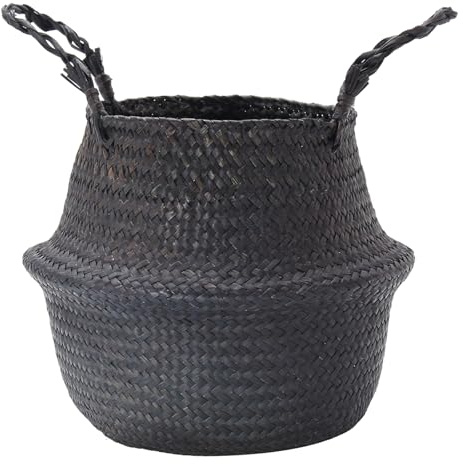 Wuyangcun Handgefertigter schwarzer gewebter Seegraskorb, Aufbewahrungskorb mit Griffen, Blumentopf für Heimdekoration (34 x 28 cm)
