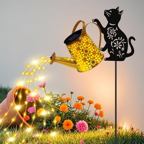 Solar Lights Outdoor Decorative, Watering Can with Cascading Lights, with Cat Silhouette Garden Stakes, Gifts for Mom Women, Waterproof Metal Garden Decor for Yard Art, Outside, Patio, Lawn Ornaments
