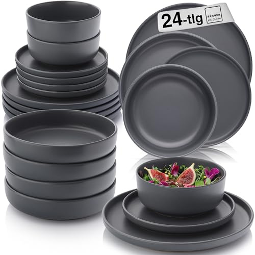 SÄNGER Leeds Nightsky | Geschirrset 24 teilig, Steingut Geschirr 6 Personen, 6x Speiseteller 6x Dessertteller 6x Schalen 6x Pastateller, Teller Set blau grau | VALUE COLLECTION