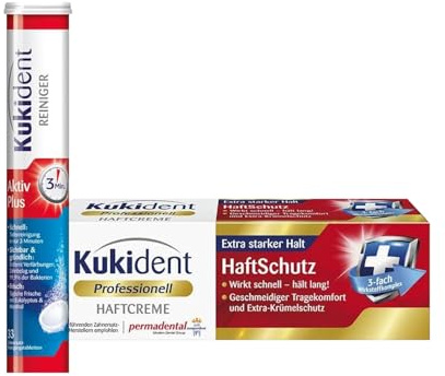 Kukident Aktiv Plus 1x33 Tabs & Haftcreme Professionell Haftstark 1x40g – Reinigungs- & Haftset für Zahnprothesen mit starkem Halt und frischem Tragegefühl für den ganzen Tag