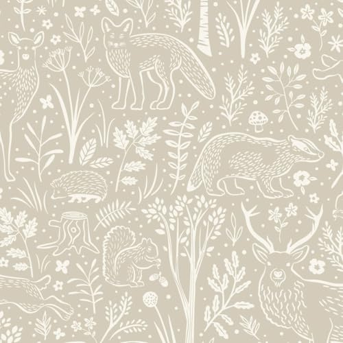 Grandeco Native Woodland Animals Papier peint texturé pour chambre d'enfant Beige