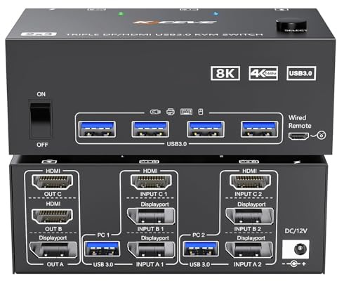 HDMI Displayport KVM Switch 3 Monitors 2 Computers 8K@60Hz/4K@144Hz, USB3.0 KVM Switches for 2 PC Sharing Triple Monitor and Keyboard Mouse with Power Adapter,Wired Extend Controller and USB3.0 Cables
