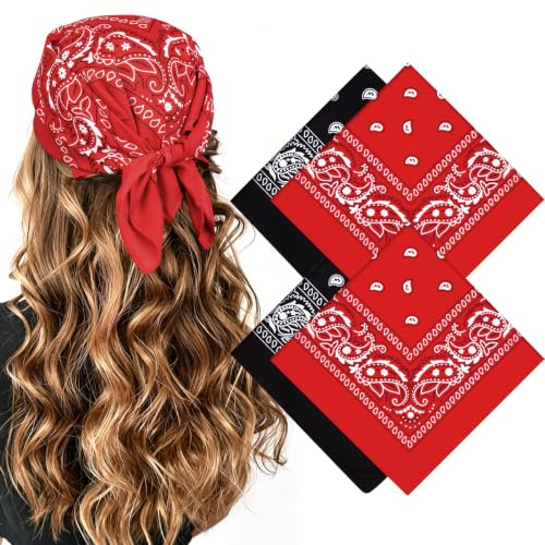MELLIEX 4 Stück Bandana Kopftuch Damen und Herren, Paisley Halstuch Dreickstuch Schal Pirat Cowboy Tuch Nickitücher, 54 x 54 cm - Schwarz, Rot