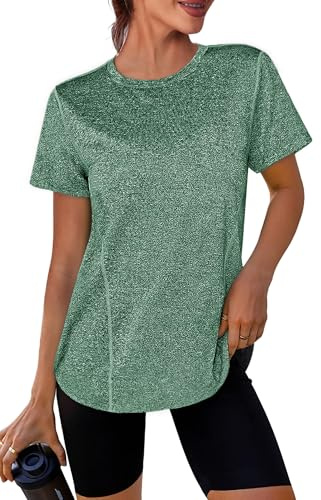 Crewhpo Maglia Sportiva Donna Traspirante Magliette Sportive Maniche Corte T Shirt Yoga Girocollo Tshirt Palestra Asciugatura Rapida Maglietta Trekking Top Fitness Tennis Golf Running Verde M