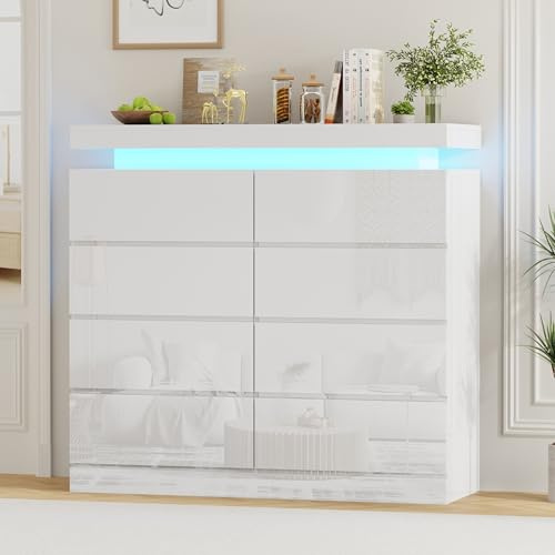 BSTSEL White High Gloss Chest of Drawers, 6/8 Drawers Chest, Large Storage Space for Living Room and Bedroom Bedside Table Cabinet with 16 Colours RGB Lights (White 8 Drawers Cabinet)