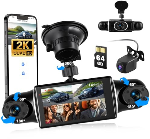 CAMECHO 4 Lens 2K/1080P Mini DashCam,4 Channel Bewegungsüberwachung 360° Dash Cam mit 3 -Bildschirm,Eingebautes WiFi-GPS,Super Nachtsicht, Loop-Aufnahme, G-Sensor +64GB Speicherkarte