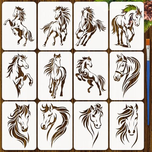 FINGERINSPIRE 12Styles Tintenwasch Pferdeschablonen Mit Einem Pinsel 29.7x21cm Große Pferdekopf Malschablonen PET Schablone Mit Galoppierendem Pferd Tiermotiv Vorlage Für Holz Wände Stoffe Und Möbel
