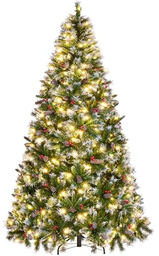 Yaheetech 7ft Pre-lit Frosted Artificial Hinged Christmas Tree with 80 Pinecones & Holly Berries, 1214 Flocked PVC Tips, 400 Warm White Lights, Foldable Stand, Green