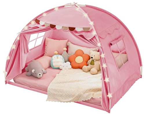 Dayacoco Large Toddler Bed Tent, Twin Kids Tent Indoor, Bed Canopy for Kids with Flags & Star Lights, Portable & Foldable Teepee Playhouse Outdoor, 78.7x39.4x47.2in, Pink