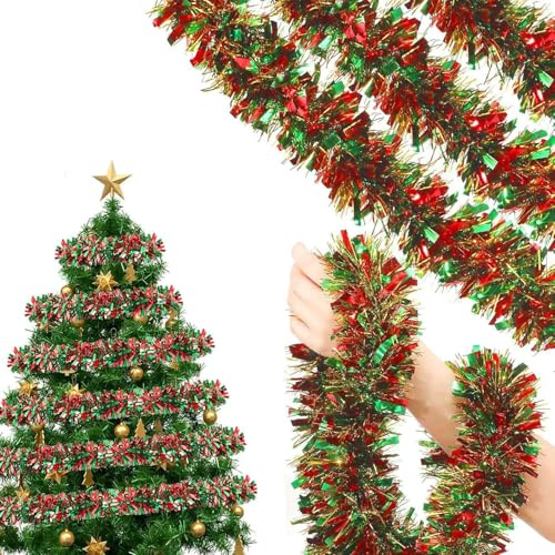 Guirlande De Noël De 10 M - Décoration De Noël - Guirlande De Sapin De Noel, Guirlandes Tinsel, Guirlandes Métallique Brillante Ornements, Décoration Cheminée Fenêtre Mur Porte,Vert/Rouge