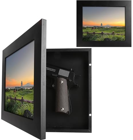 BARGIFTS Hidden Gun Storage for Pistols, Magnetic Lock Quick Access Wooden Picture Frame Safe, Covert Wall Decor & Concealed Gun Safe for Home Office, Black