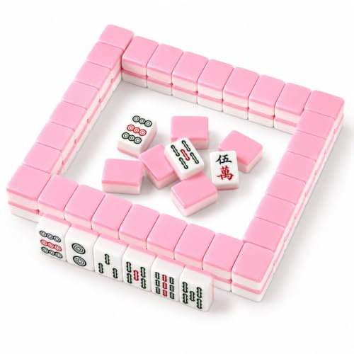 Hiseng Mini Mahjong Set 144 Steinen Kein Koffer, Tragbares Chinesisches Mahjong Spiel für Reise & Spieleabend, Leichtes Kompaktes Tischspiel, Traditionelles Familienspiel (Rosa)