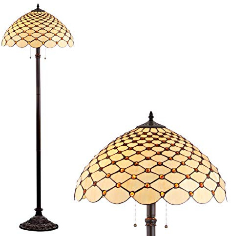 JONATHAN Y 62 Bronze 2-Light Tiffany-Style Stained Glass Floor Lamp, Traditional Handcrafted Cream and Amber Jeweled Shade, Pull Chain, LED Bulbs Included, UL Listed JYL8009A