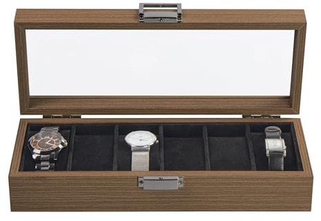 LAUBLUST Uhrenbox aus MDF 6 Fächer - ca. 31 x 12 x 7 cm, Naturbraun | Uhrenkasten mit Sichtfenster-Deckel