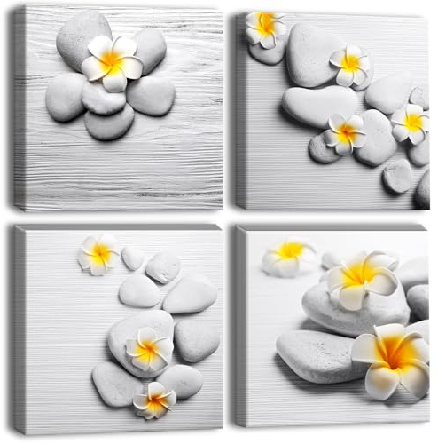Artscope 4 Teilig Leinwandbilder mit Stein mit gelben Blumen Motiv Kunstdruck - Moderne Wandbild für Badezimmer Wohnzimmer Wanddekoration - 30 x 30 cm