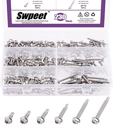 Swpeet 230Pcs Kit d'assortiment de vis autoperceuses en acier inoxydable 410#8, Vis à tôle autoperceuses à tête hexagonale,Vis autotaraudeuses à tête hexagonale Jeu de antirouille pour métal