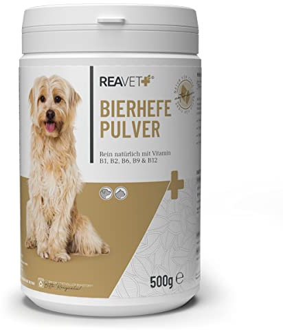 Poudre de levure de bière ReaVET pour Chiens et Chats 500g - levure de bière moulue Pure Contre la Chute des Poils et Les tiques, vitamines B Naturelles et biotine pour Chiens et Chats