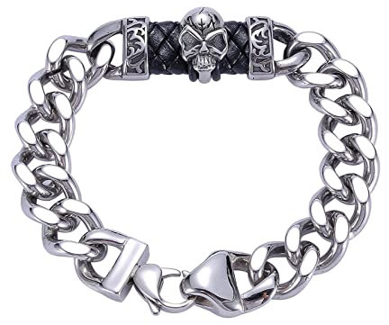 BCughia Armband Männer, Panzerarmband Silber Stahl Edelstahl Schädel Hochzeit Schmuck Geschenk für Männer 20.5cm