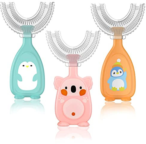 3 Pack Kids U-Shaped Toothbrush, Food Grade Soft Silicone Brush Head, 360° Whole Mouth Manual Training Tooth Brush for Toddlers and Children 2-6 Years Old (Orange, Blue, Pink)