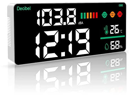 LYCEBELL Schallpegelmesser zum Aufhängen, 30–130 dB großes LCD-Display, Temperatur-Feuchtigkeits-Dezibel-Messgerät mit Alarm, Geräuschmonitor für Heimstudio-Klassenzimmer