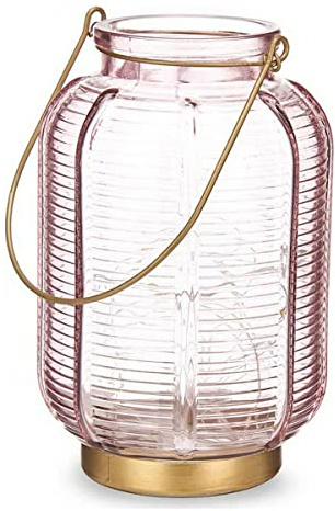 Gift Decor Farol LED Rayas Rosa Dorado Vidrio (13,5 x 22 x 13,5 cm)