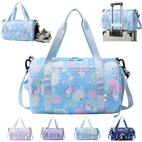 YOUYIKE Bolsa de Viaje Chica, 25 L Bolsa Deporte Niña Unicornio, Grande Travel Bag Fin de Semana, Bolsa de Natación para Playa, Bolsa Deporte con Compartimento Zapatos y Bolsillo Húmedo, Azul