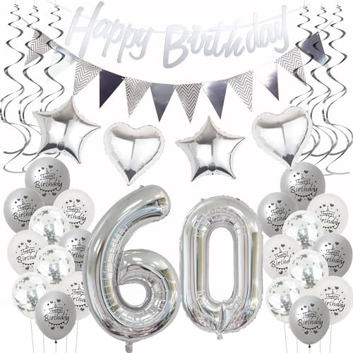 Silber Geburtstagsdeko 60 Jahre Frauen Mann,ballon 60 Geburtstag Frauen Deko, Luftballons 60. Geburtstag Dekoration Frau silber ,Party Deko 60. Männer 60 Jahre Frau Geburtstagsdeko